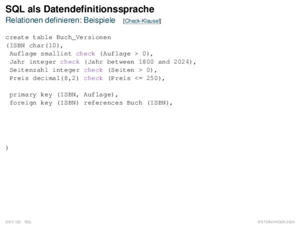 SQL als Datendefinitionssprache Relationen definieren: Beispiele