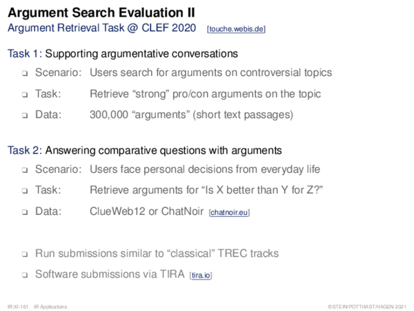 Argument Search Evaluation II Argument Retrieval Task @ CLEF 2020