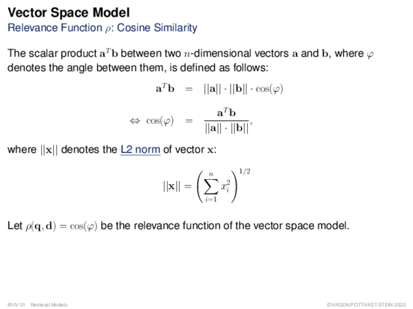 Vector Space Model Relevance Function ρ: Cosine Similarity
