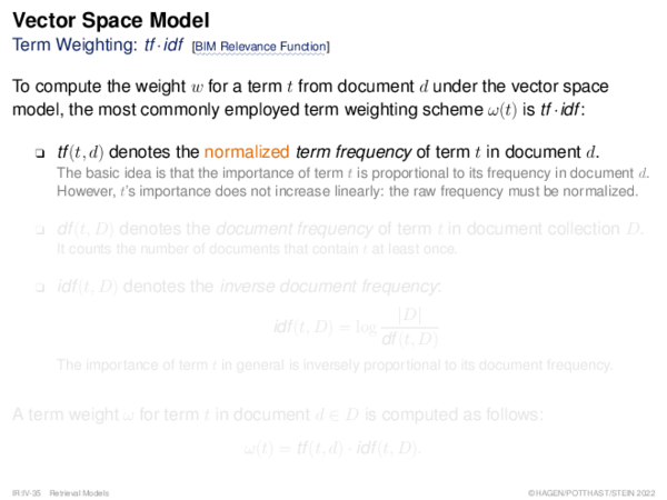 Vector Space Model Term Weighting: tf ·idf