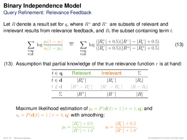 Binary Independence Model Relevance Function ρ: Example