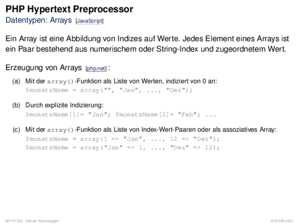 PHP Hypertext Preprocessor Datentypen: Arrays